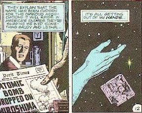 Dr. Manhattan se da cuenta que perdió el control de las cosas, y deja caer una foto de él, cuando era humano, y su novia sobre la superficie de Marte