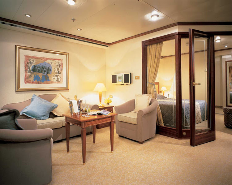 Silversea's Medallion Suite offers guests a spacious room with a teak veranda, living room and luxurious bathroom area.