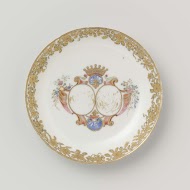Saucer from the 'Swellengrebel service' with a double crowned monogram and a border with floral scrolls