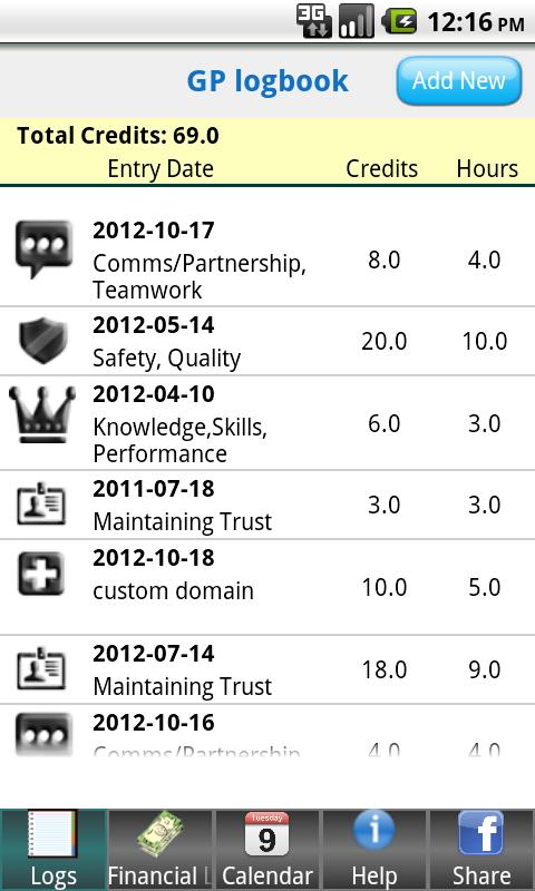 GP logbook Screen 1