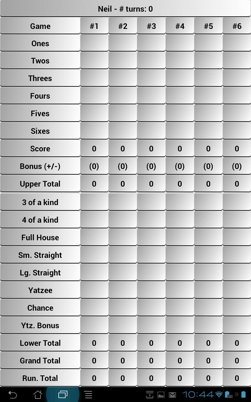 Yatzee Scorer Screen 1