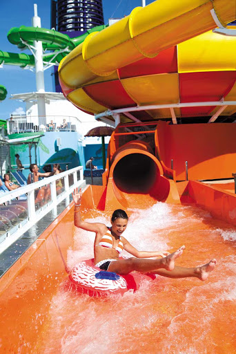 Norwegian-Epic-AquaPark-Epic-Plunge-girl - A girl takes the Epic Plunge in the Aqua Park on Norwegian Epic. 