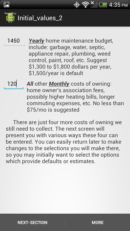 Rent vs Buy calculator lite Screen 3
