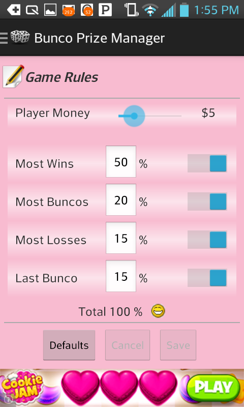 Bunco Payout Chart $10