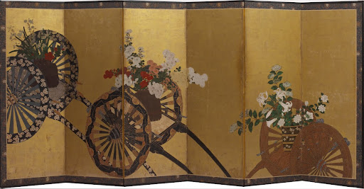 Folding screen with three flower carts
