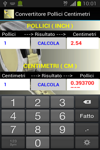 calcolatore pollici centimetri