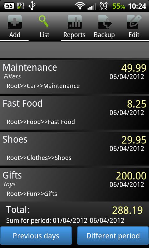 Cost Manager (Budget Manager) Screen 2