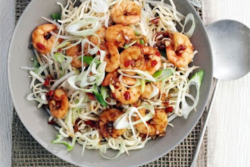 Garlic chilli prawns with sesame noodles