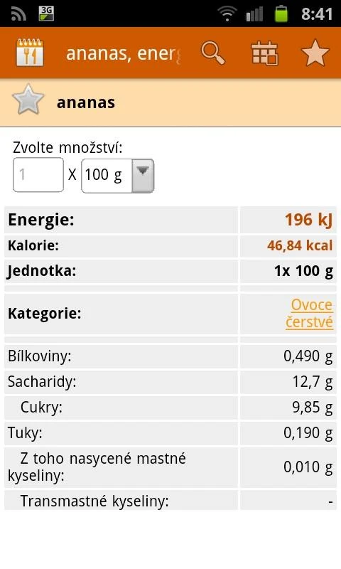 Kalorické tabulky - screenshot