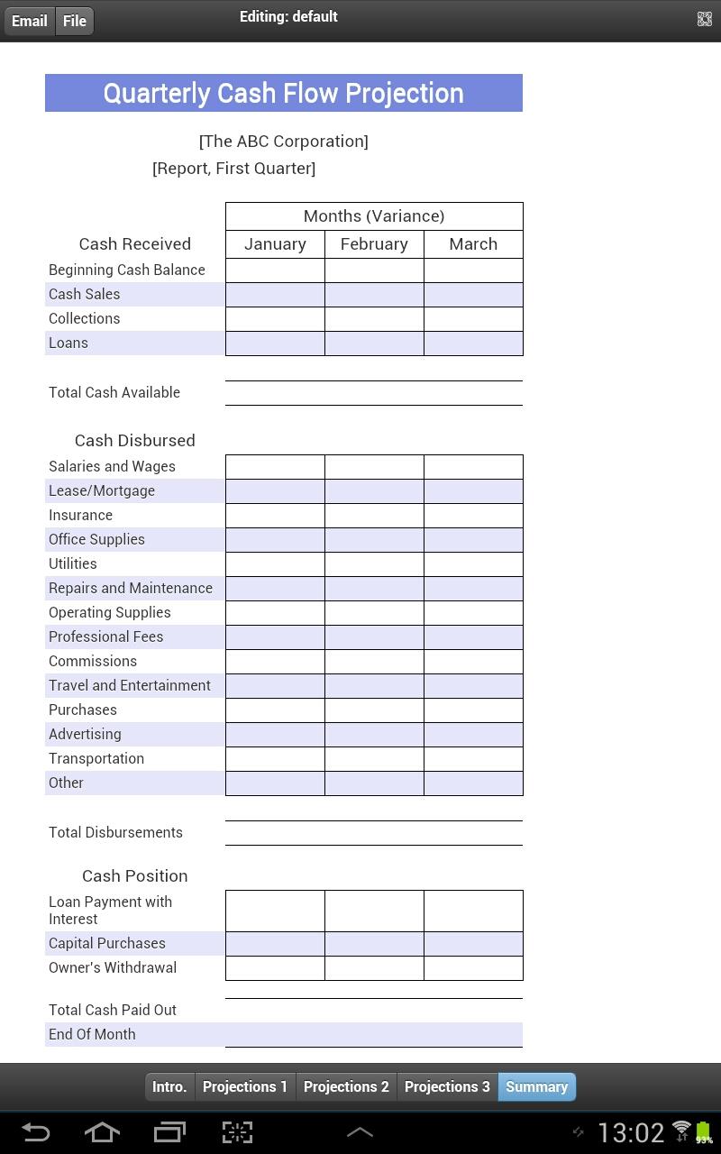 Quarterly Cashflow Projections Screen 2