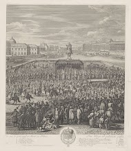 Koning Lodewijk XIV van Frankrijk rijdt met zijn gevolg over de Pont-Neuf