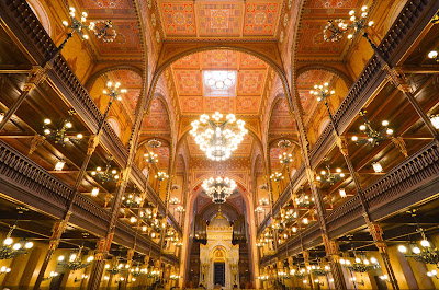 Inside the ornate Moorish-style Dohány Street Synagogue in Budapest. It contains a synagogue, museum, cemetery and Holocaust memorial.