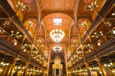 Inside the ornate Moorish-style Dohány Street Synagogue in Budapest. It contains a synagogue, museum, cemetery and Holocaust memorial.