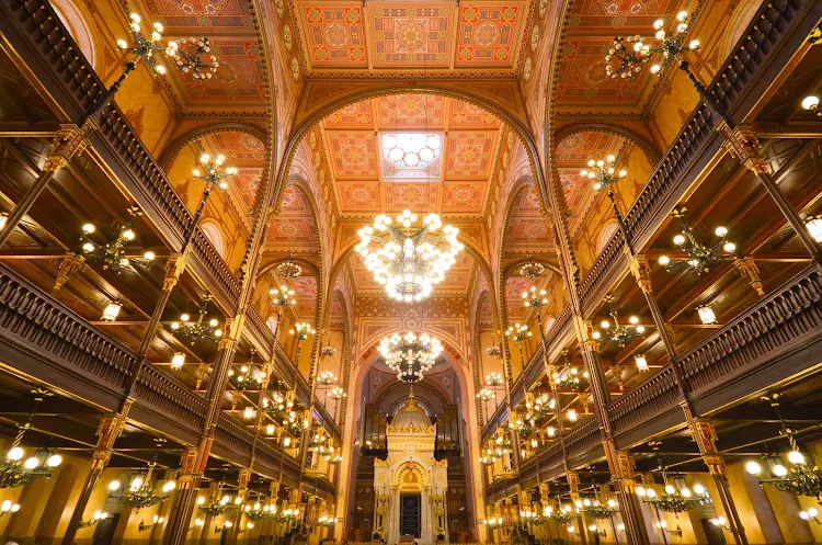 Inside the ornate Moorish-style Dohány Street Synagogue in Budapest. It contains a synagogue, museum, cemetery and Holocaust memorial.