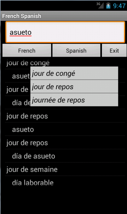 French Spanish Dictionary Screen 2
