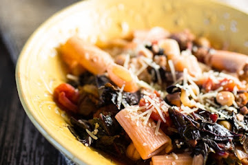 Rigatoni with Sausage, Cannellini Bean, and Swiss Chard Ragu