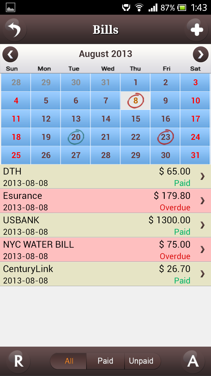 my Bills Organizer Screen 2