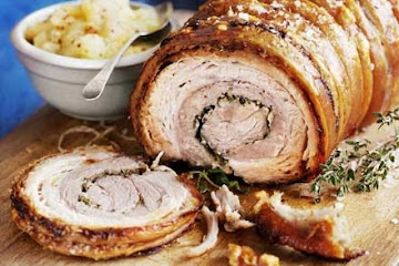 Slow-roast rolled pork belly