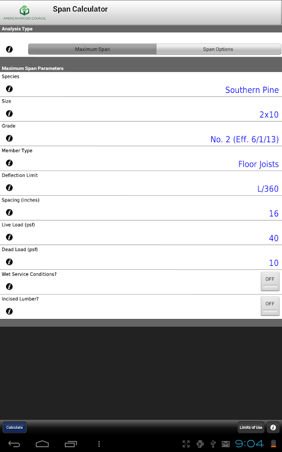 AWC Span Calc - screenshot