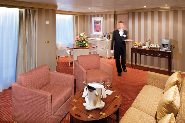 The Owner's Suite appeals to those who want the most luxurious stateroom aboard Silver Wind. It features a large teak veranda, living room, separate dining area and bar, and a well-appointed bathroom.