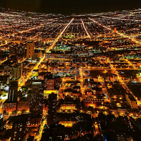 SOARING OVER CHICAGO by Michael Rey - City,  Street & Park Night