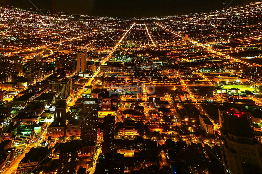 SOARING OVER CHICAGO by Michael Rey - City,  Street & Park Night