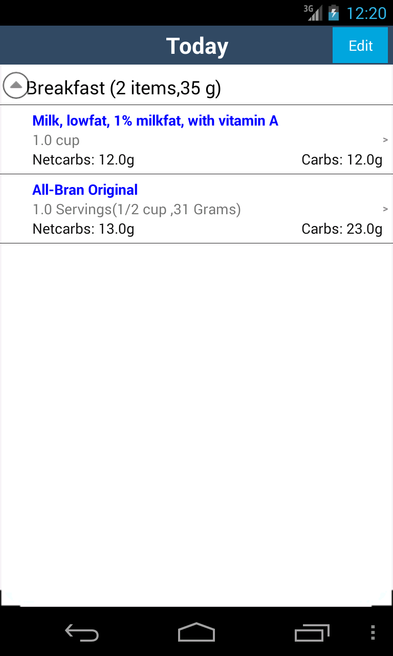 CarbsControl Carb Tracker Screen 2
