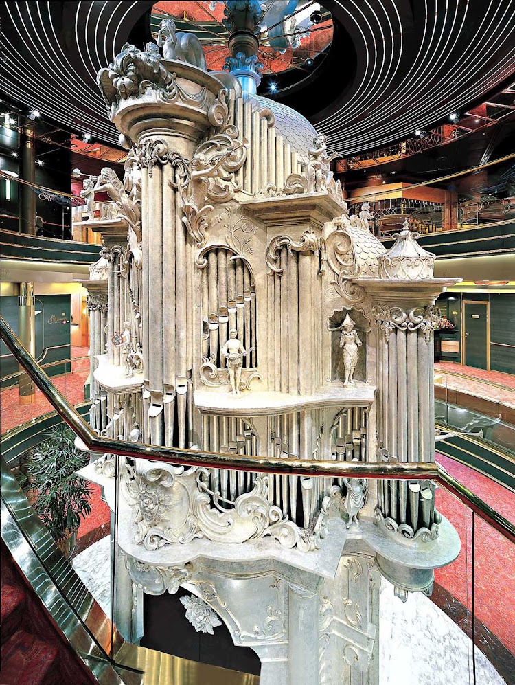 This Baroque-style Dutch pipe organ, inspired by traditional barrel organs, is at the heart of the three-story atrium of Holland America Line's Zaandam.