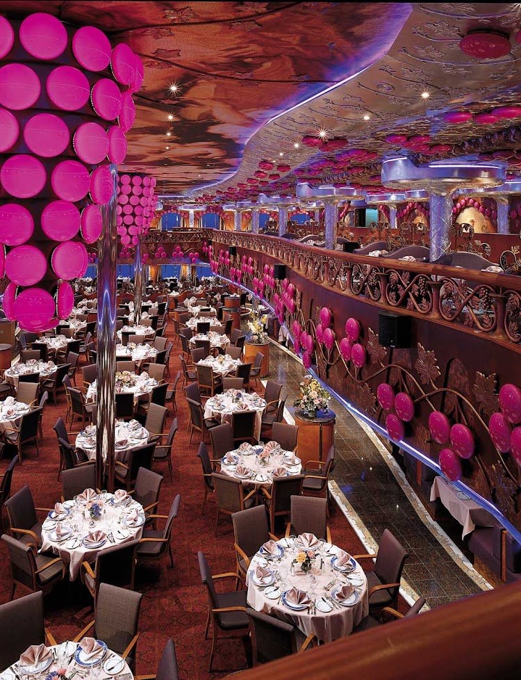 The two-level Bacchus Restaurant, Carnival Miracle's main dining room, offers both formal and "Your Time" seating options.