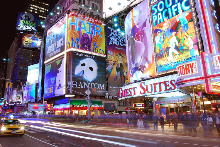 Times Square in its full neon glory at 7th Avenue and 47th Street.