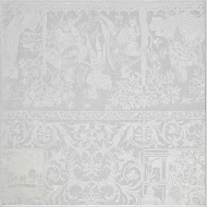 Fragment van een tafellaken van linnendamast met voorstelling: geschiedenis van Susanna; rand met muzikanten en vrouwen